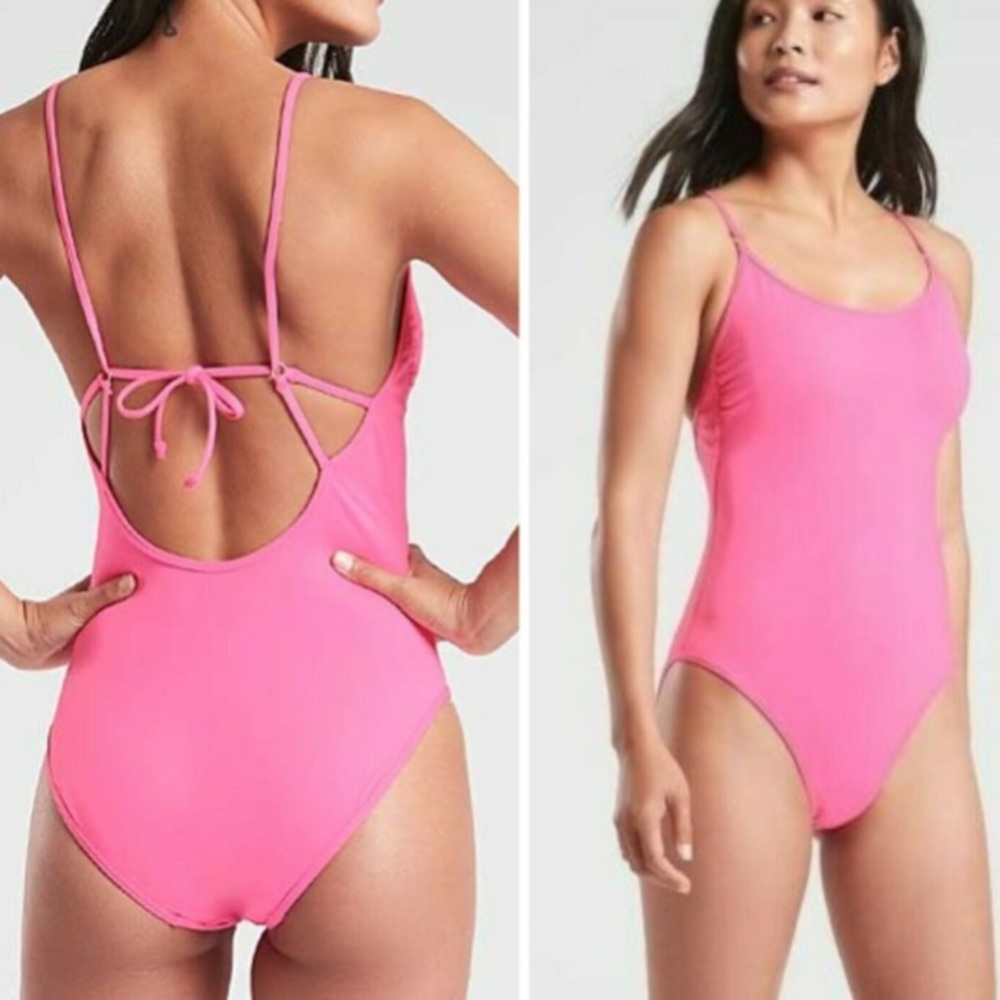 Athleta Skinny Strap Ring one piece pink swimsuit.